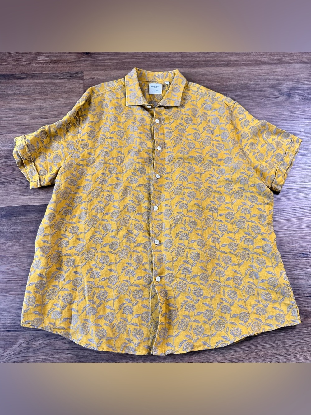Baird McNutt Linen Blend Button Up Floral Shirt XL Yellow Murano Beach Preppy